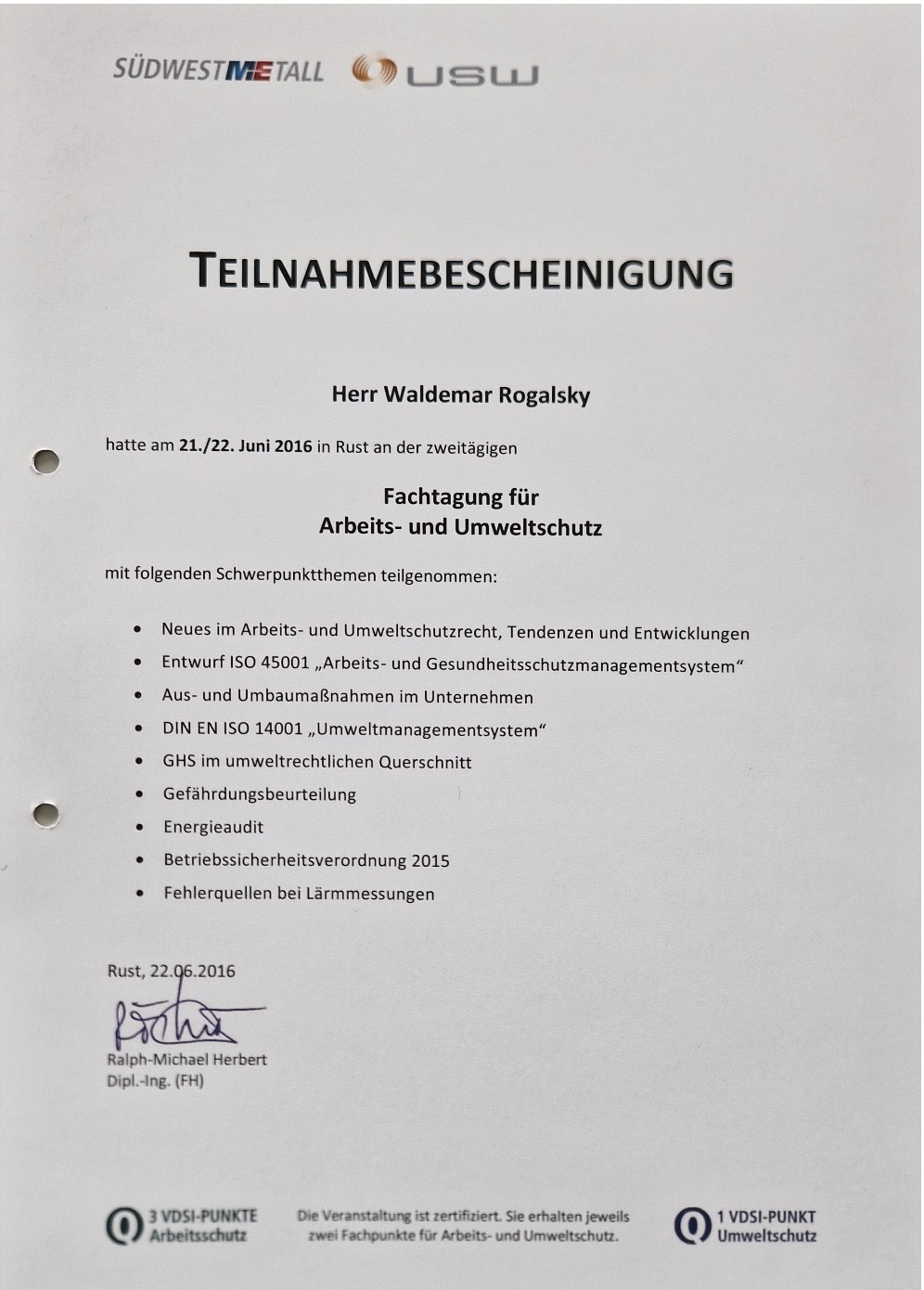 Bescheinigung Fachtagung für Arbeits- und Umweltschutz